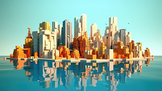 卡通风格 3D 渲染的低聚游戏城市，在 4k 水背景上具有孤立视图