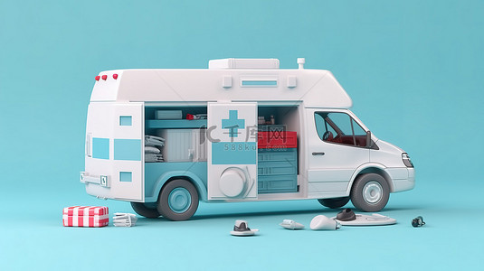 浅蓝色背景下 3D 渲染中配有急救箱的救护车