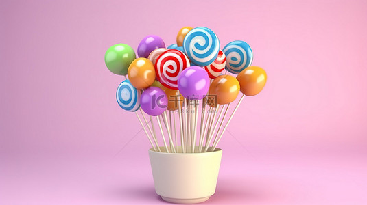 柔和的背景与 3D 渲染棒棒糖糖果在棍子上