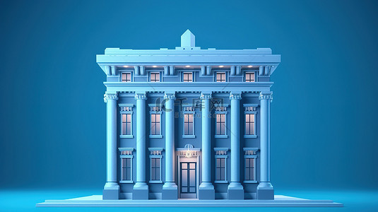 蓝色背景隔离银行大楼的 3d 插图