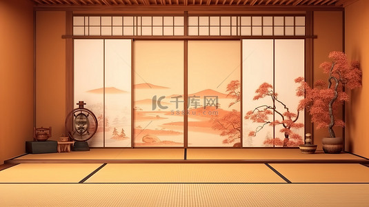垫桌背景图片_传统日式房间，配有榻榻米垫和纸窗 3D 渲染