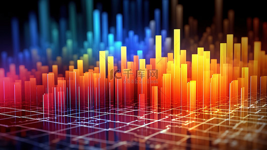统计研究概念的 3D 渲染，显示财务预测图表和描述历史时期数据行为的分析图表