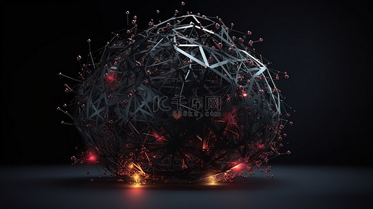 空背景上具有低多边形球体和线条的黑暗结构的未来形状混沌 3D 渲染