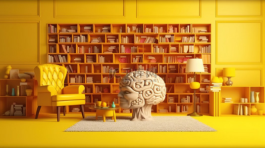智力锻炼背景图片_在充满活力的黄色房间中进行大脑训练的 3D 渲染