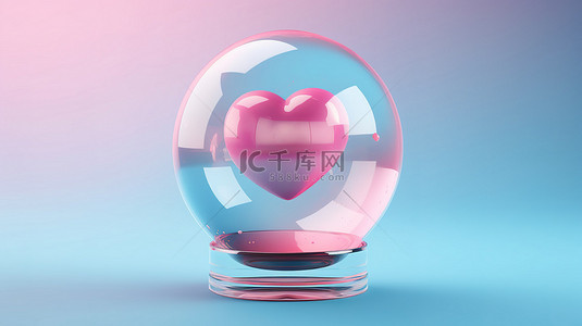 情人节快乐海报背景图片_浅蓝色背景下包含粉红心的玻璃气泡的 3D 渲染