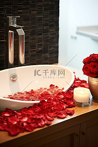 北欧轻奢高级浴室背景图片_红玫瑰聚集在木制水槽上