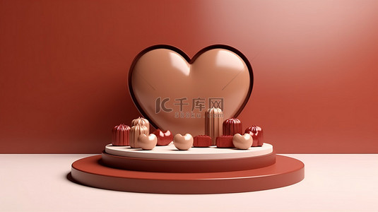 爱壁纸背景图片_3D 心形讲台，配有巧克力舞台和产品展示架的甜蜜背景