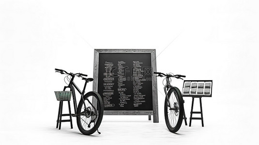 运动商店背景图片_白色背景下黑白山地自行车旁边用于自行车租赁的户外黑板显示屏的 3D 渲染