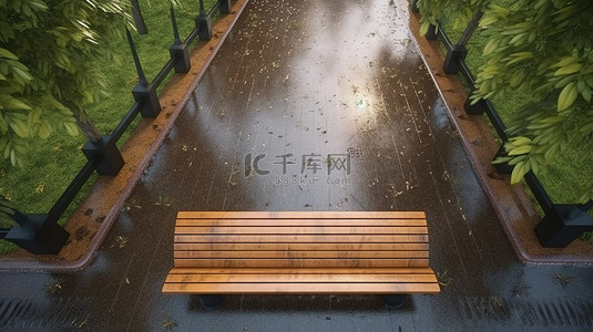 雨季景观公园的顶级 3D 视角，配有木凳和石路