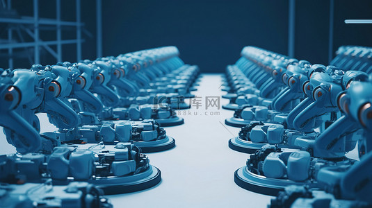 机器性能背景图片_蓝领汽车工厂的机器人装配线 3D 渲染图像