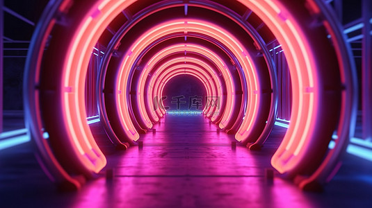 蓝紫荧光背景图片_以几何霓虹灯和混凝土隧道为特色的概念设计的 3D 渲染