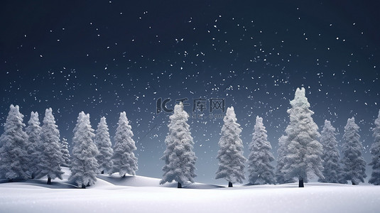 飘落雪花背景图片_寒冷的仙境 3d 渲染雪松树和飘落的雪花与复制空间
