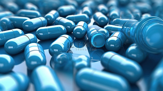 抗生素的 3D 渲染和治疗白色背景与蓝色胶囊药丸描绘医疗保健概念