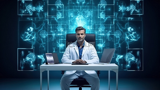 精通计算机的男医生在 3D 合成图像中自信地摆出姿势