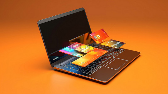销售时点情报系统背景图片_信用卡和笔记本电脑在 3D 高科技数字二重奏