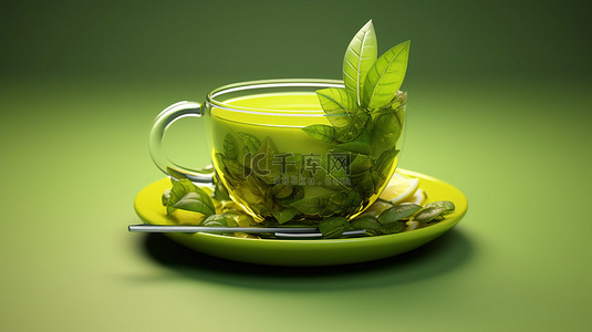 绿茶设计背景图片_一杯清爽绿茶的时尚 3D 渲染
