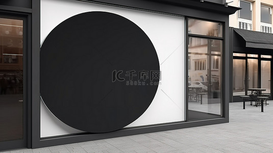 一个没有内容的 3d 圆形模型，商店前面有一个空的黑色标志
