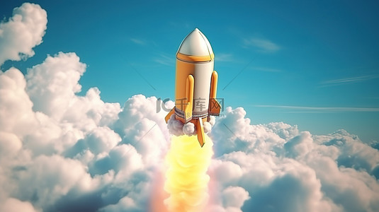 升压背景图片_3d 渲染的火箭在云层中翱翔，代表着升压的概念