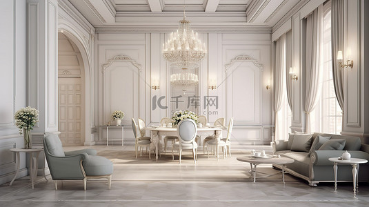 华丽的传统客厅和餐厅内部配有白色家具和 3D 渲染的优雅金属吊灯