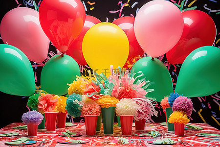 光盘行动横版背景图片_彩色气球彩带和餐桌装饰