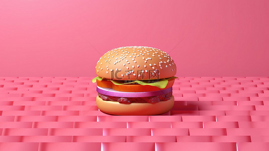 使用渲染技术创建的匹配背景上的简单 3D 粉色汉堡