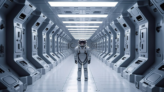 时尚的现代走廊，配有深色外星人主题和未来派宇航服的 3D 渲染