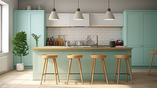 时尚的薄荷厨房配有现代三把吧凳和台面 3D 渲染