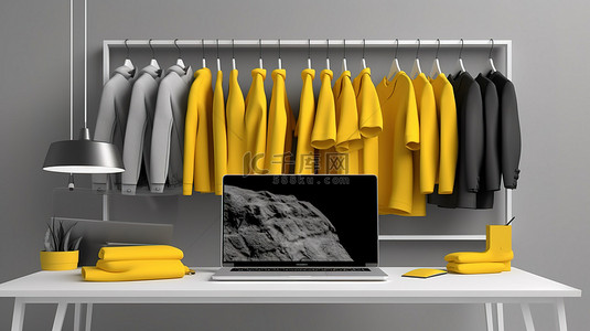 黄色衣服背景图片_悬挂在笔记本电脑屏幕前的单色黄色衣架的 3D 渲染