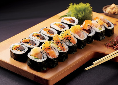 紫菜包饭背景图片_各种寿司卷放在木板上