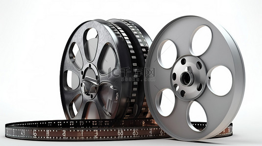 电影院胶片背景图片_带隔板的白色背景上的胶片卷轴和电影磁带的 3D 渲染