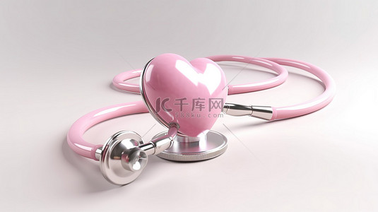 白色背景上医学概念粉红色心形听诊器的 3D 渲染