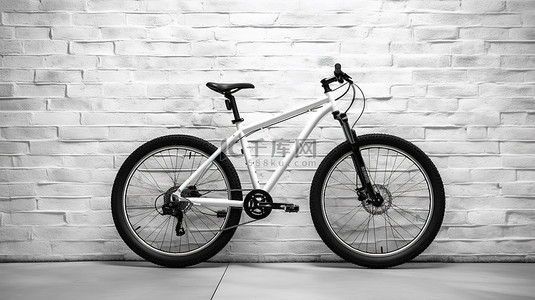 踩单车自行车买菜背景图片_黑白山地自行车的极端特写与空白框架对砖墙 3d 渲染