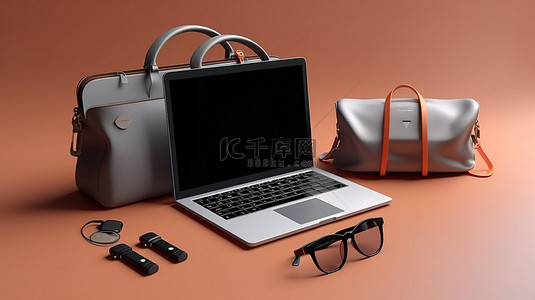 3D 渲染技术和配件笔记本电脑智能手机购物袋眼镜麦克风收音机和耳机
