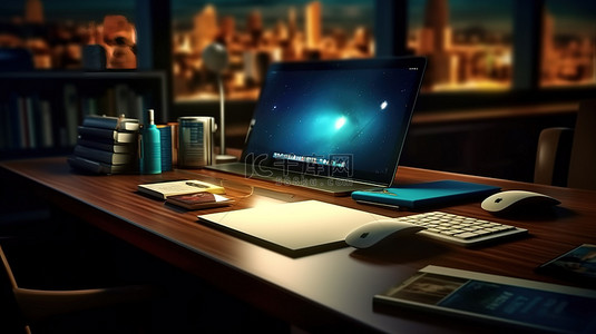 工作场所背景图片_夜间工作期间，在光线昏暗的房间里，办公桌上的 3D 渲染触摸板数字平板电脑