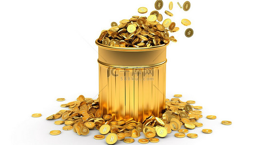 覆盖全球背景图片_钢制垃圾桶的 3D 插图，上面覆盖着金色的比特币，里面装满了白色背景上的美元