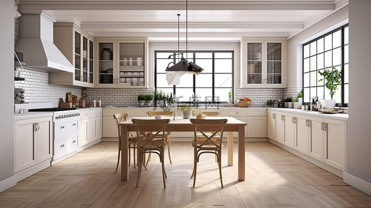 乡村魅力融入现代优雅 带有木质细节的厨房 3D 渲染