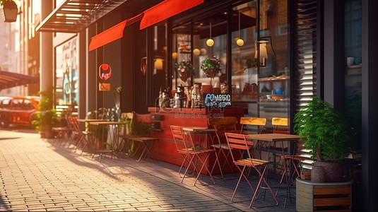 咖啡店或餐厅外观的 3D 插图
