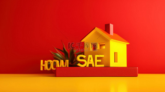 在舒适的家中 3D 渲染一座红色背景上带有黄色铭文的房子