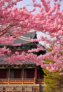 有粉红色开花的树的传统日本宫殿