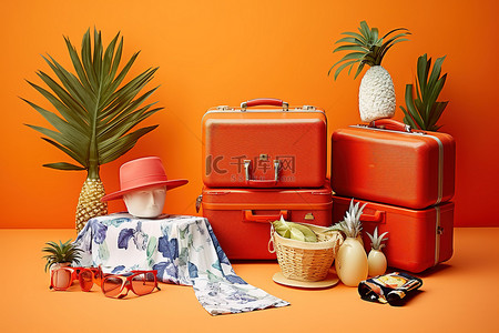 夏日色彩的配件和行李箱