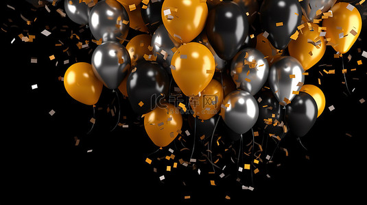 黑金气球背景图片_黑色背景下闪闪发光的金色气球和铝箔纸屑 3D 渲染，具有充足的复制空间