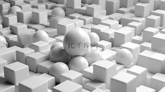 科技动态球背景图片_抽象 3D 背景渲染中的光泽白色立方体和球体