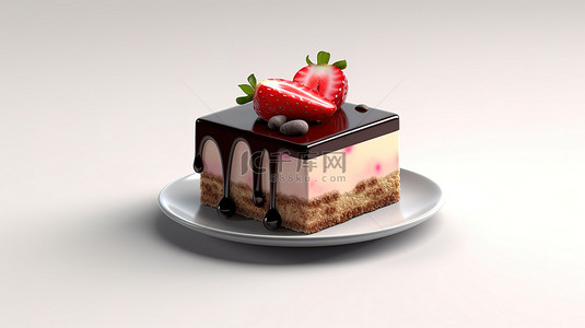 美味的蛋糕片，饰有草莓奶油和 3D 渲染中有光泽的巧克力配料
