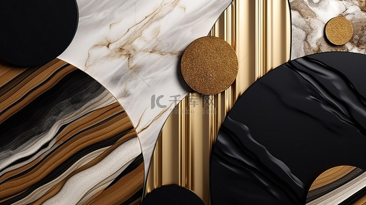 墙壁花纹装饰背景图片_现代 3D 壁纸融合了金色大理石木材和黑色形状，适合您的现代墙壁装饰