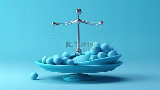 极简概念白色背景，具有 3D 渲染蓝色秤和平衡重量
