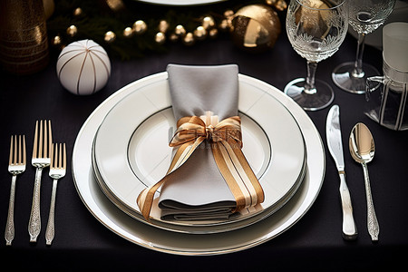装饰刀背景图片_圣诞餐桌布置装饰，配有金丝带和叉子