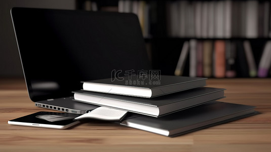 空白笔记本背景图片_空白屏幕 3d 渲染笔记本旁边的一摞书