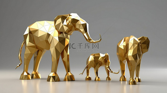 可爱的卡通长颈鹿背景图片_大象鹿和长颈鹿的低聚金色 3D 模型