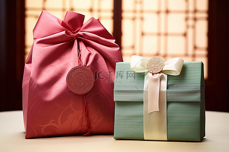 红色新年背景图片_蓝色礼品包装和红色礼品袋