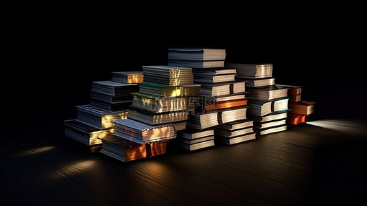 3D 渲染的书籍在黑暗中堆叠，光与影的游戏